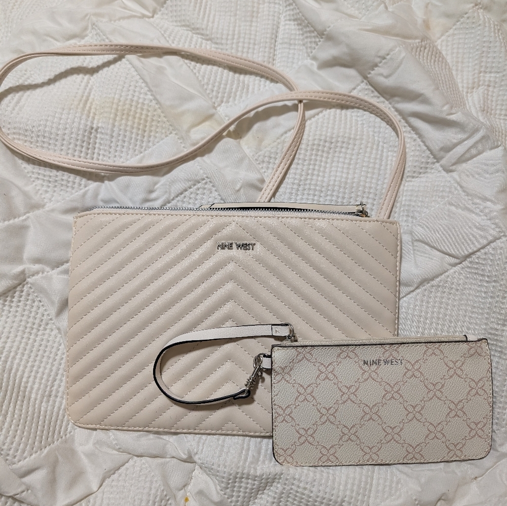 Nine West Beige Quilted Crossbody Bag Duo Cream Evening Bag With Wristlet Pouch